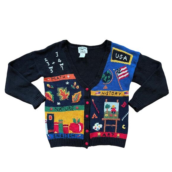 VTG Novelty Cardigan Sweater Women SZ S Hand Knit Teacher Erika V Neck Cotton - Picture 1 of 8